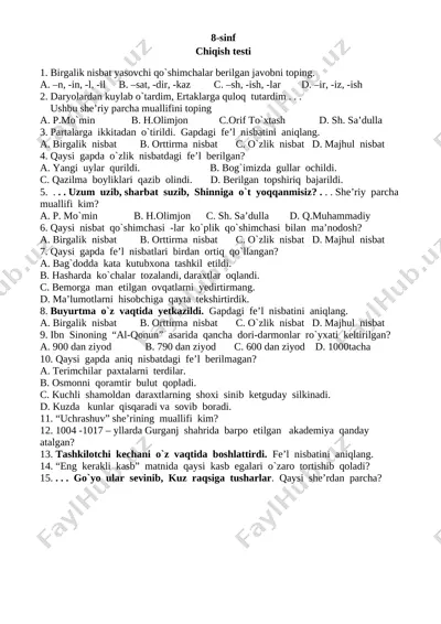 @respublika_filologlari. o‘zbek tili 8-sinf chiqish testi — DOCX