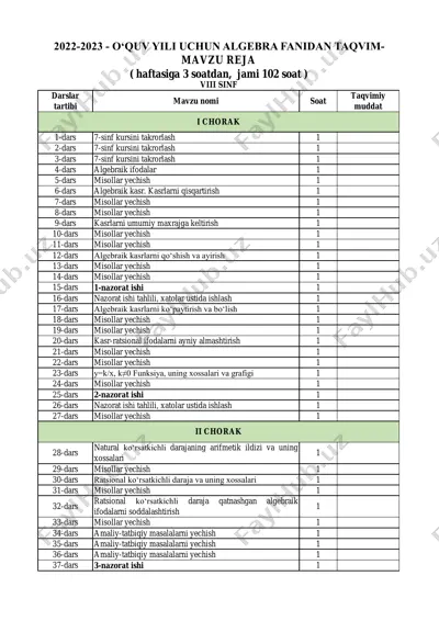 2022-2023. kalendar reja 8-sinf algebra — PDF