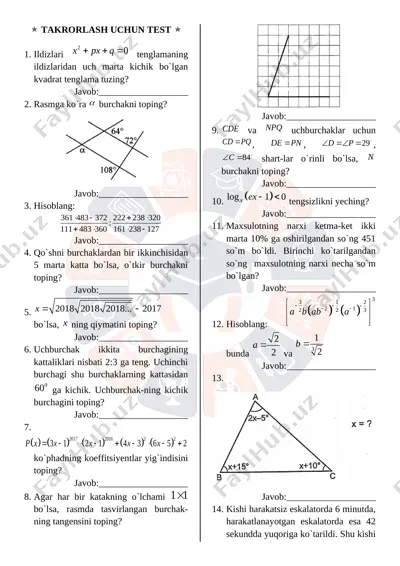 takrorlash uchun test 1-qism va geometriya — DOCX