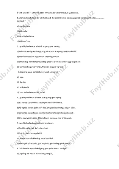 8-sinf test mavzulashtirilgan — DOCX
