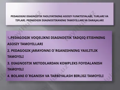 pedagogni diagnostik faoliyatining asosiy funktsiyalari, turlari va tiplari. pedagogik diagnostikaning tamoyillari va darajalari — PPTX