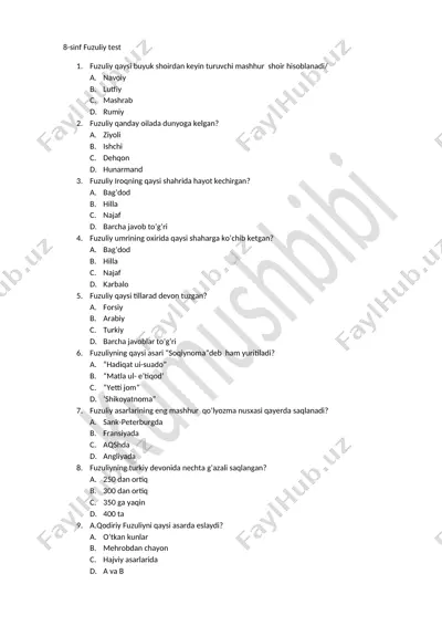 8.fuzuliy test.kumushona tili millat ruhi — DOCX