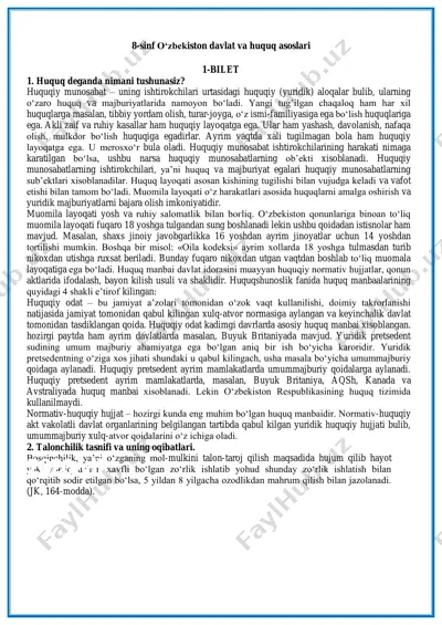 8-sinf huquq imtihon javoblari — PDF