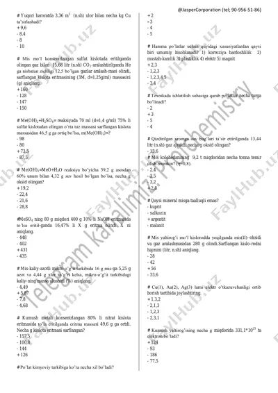 8 sinf kimyo bo'yicha testlar javoblari bilan — PDF