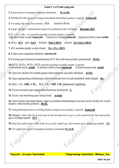 8-sinf v va vi bob yopiq test — PDF