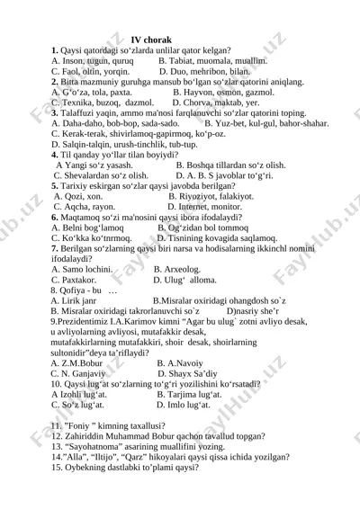 diloradan 5-sinf iv chorakka test banki javobi b.n — DOCX