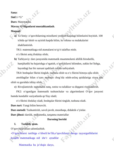 o'tilganlarni mustahkamalsh 1-sinf matematika — DOCX