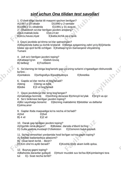 5-sinf choraklik ona tilidan test savollari(1-4 choraklik) — DOCX