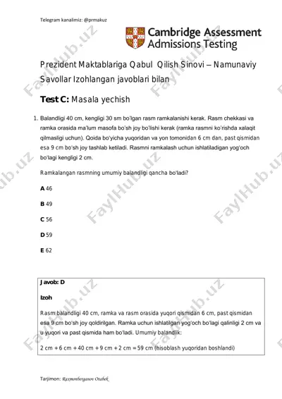 prezident maktabi namuna savollari test c javobi bilan — PDF