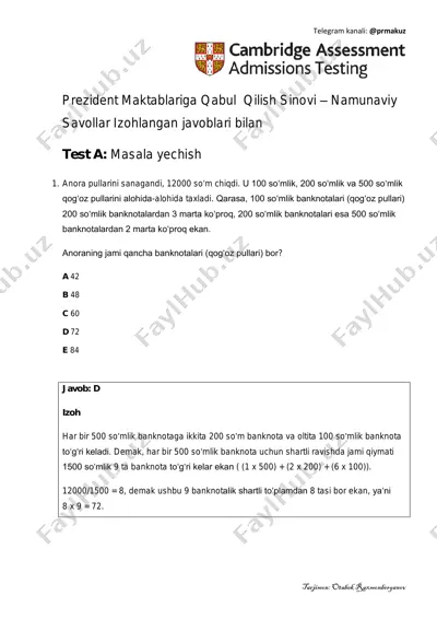 prezident maktabi namuna savollari test a javobi bilan — PDF