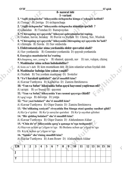 8- nazorat ishi o'qish savodxonligi — PDF