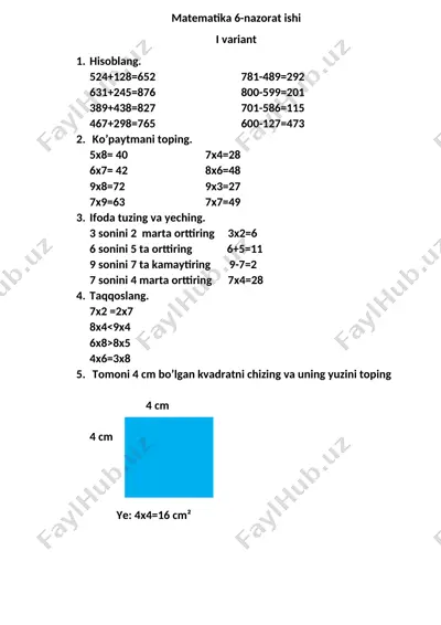 matematika 6- nazorat ishi — DOCX
