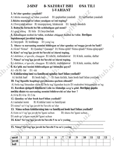 8- nazorat ishi ona tilidan 2- sinf — PDF