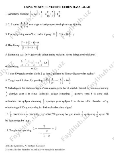 mustaqil yechish uchun 6-sinf — PDF