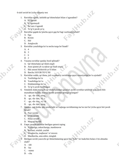 6. ravish bo'yicha test. kumush — DOCX
