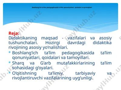 boshlang’ich ta’lim pedagogikasida ta’lim qonuniyatlari, qoidalari va prinsiplari — PPTX
