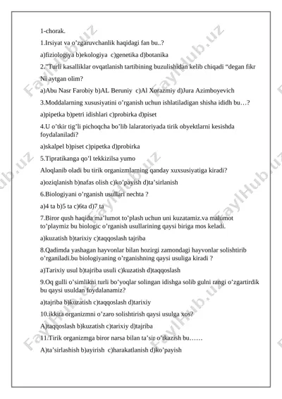 25 talik test 5-sinf biologiya 1-4-chorak — DOCX