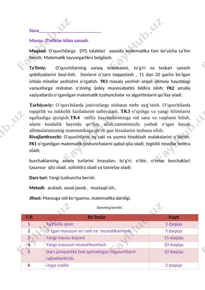 1-sinf matematika 3-chorak konspekt 2021 yangi — DOC