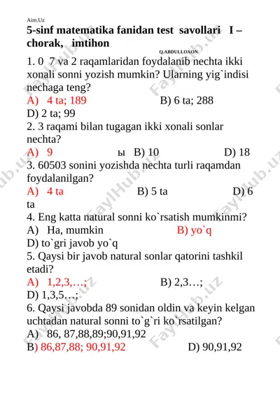 5-sinf test — DOCX