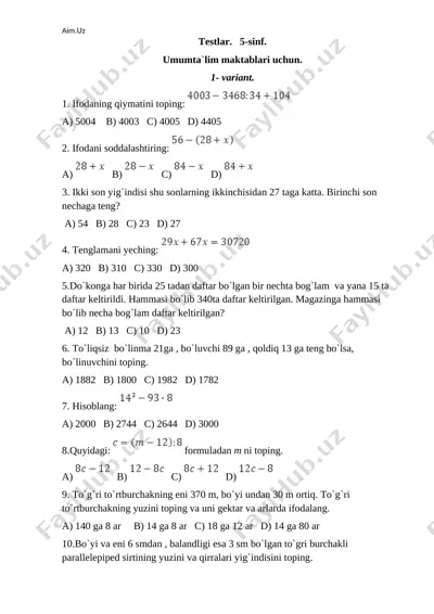 @yosh_ustozlar bb matematika 5-6-7-8 sinflar — DOCX