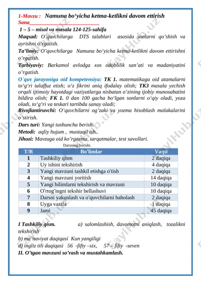 1. sinf matematka 4 chorak to'g'rilangani — DOC