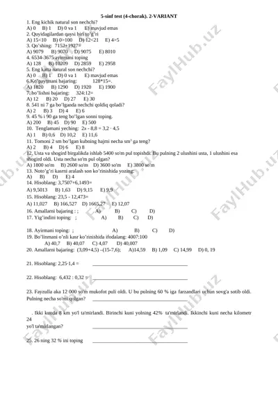 5-sinf 4-chorak 2 var — DOCX