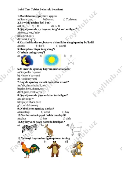 1-sinf test tabiat 3-chorak 2019 — DOCX