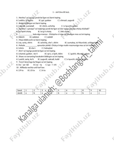 1 - sinf ona tili test. 2 n — DOCX
