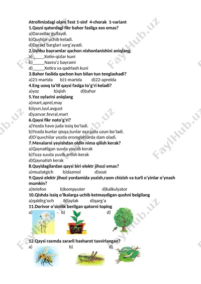 atrofimizdagi olam test 1-sinf 4-chorak 2019 — DOCX