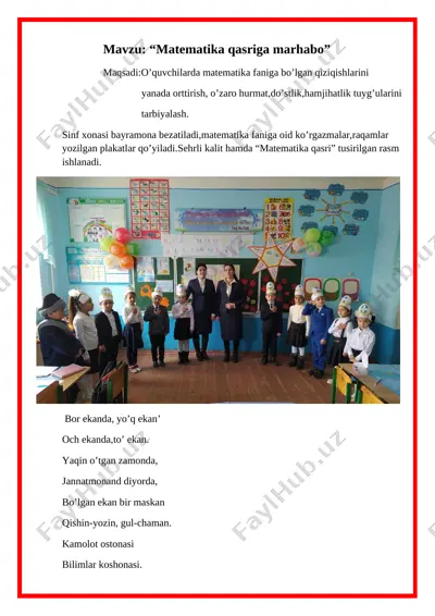 matematikadan 1-sinflar uchun tadbir senariysi — DOC