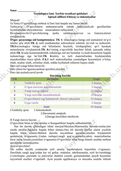 1-sinf texnalogiya konspekt 2020 yangi — DOCX