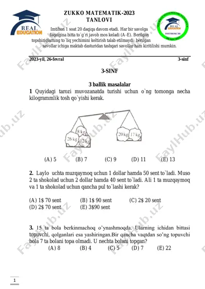 zukko matematik 3-sinf 1-variant — PDF