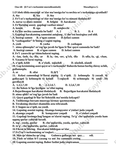 ona tili test (fe'l so'z turkumi) — DOCX