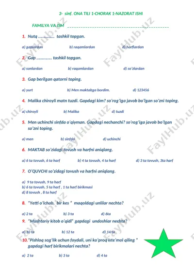 test ona tili 3 sinf 1 — DOCX