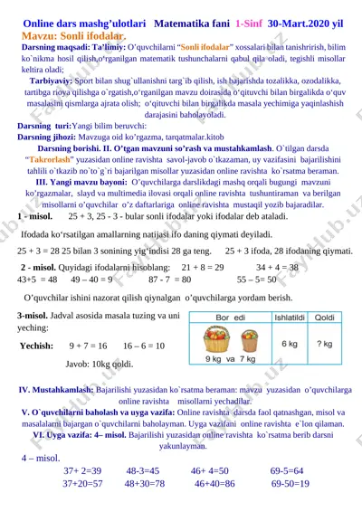onlayn darslar konspekti boshlang'ich 1-sinf 2020-2021 — DOCX