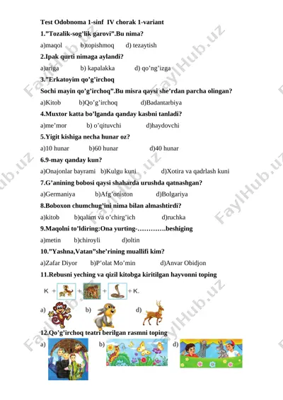test odobnoma 1-sinf 4-chorak 2019 — DOCX