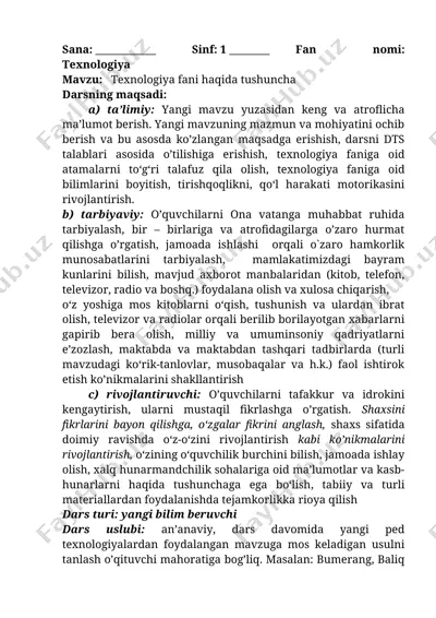 1-sinf tehnalogiya konspekt yangi 2020 @zamonaviyustozlar — DOCX
