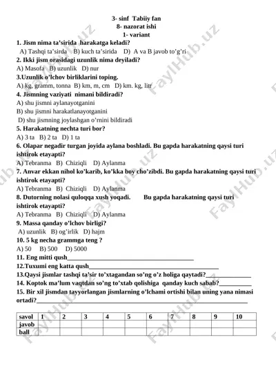 3- tabiiy fan 8 nazorat ishi 11-12 bob — DOCX