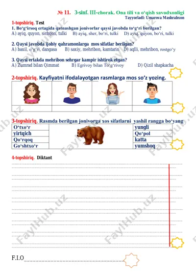 3 sinf ona tili 11-nazorat ishi ertaklar bo'limi — PDF