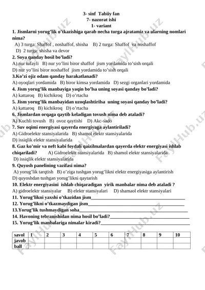 3- tabiiy fan 7 nazorat ishi 10 bob — DOCX