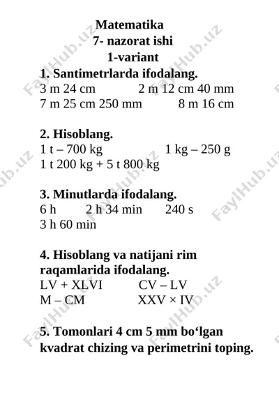 7- nazorat ishi matematika 3 sinf — DOCX