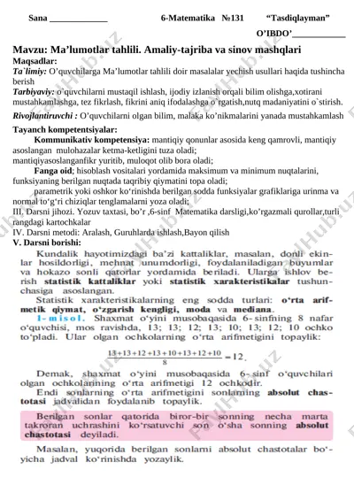 6-sinf 4-chorak matematika konspekt 2020 — DOCX