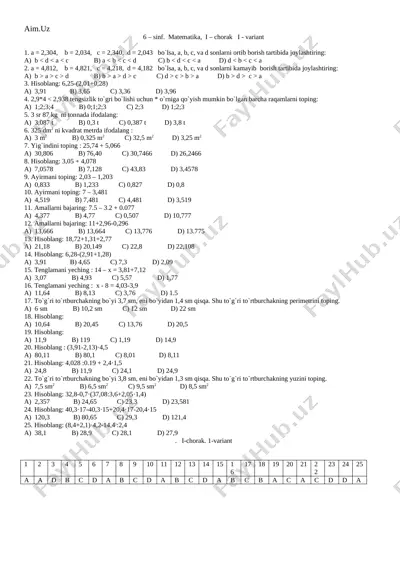 matematika test 6-sinf 1-4 ch — DOCX