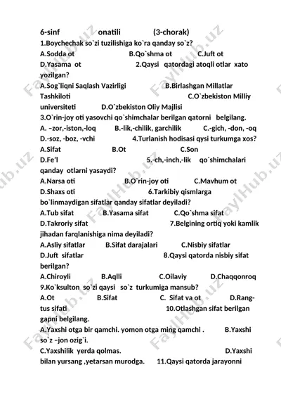 6 ona tili 3 chorak test.ona tili millat ruhi — DOCX
