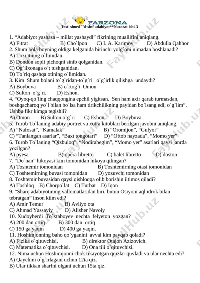 6-sinf adabiyot test-1-shorak — DOCX