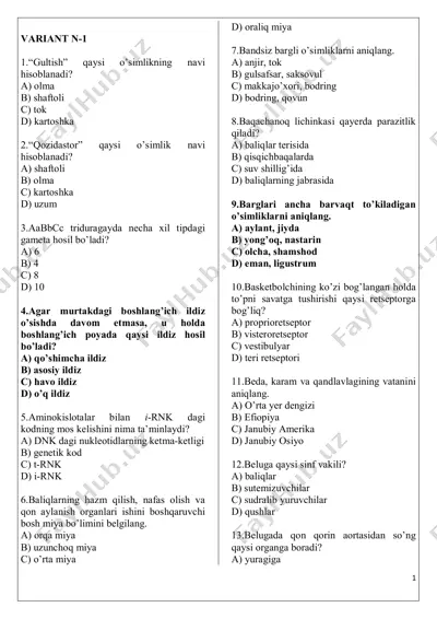 biologiyadan 20ta varianlar — PDF