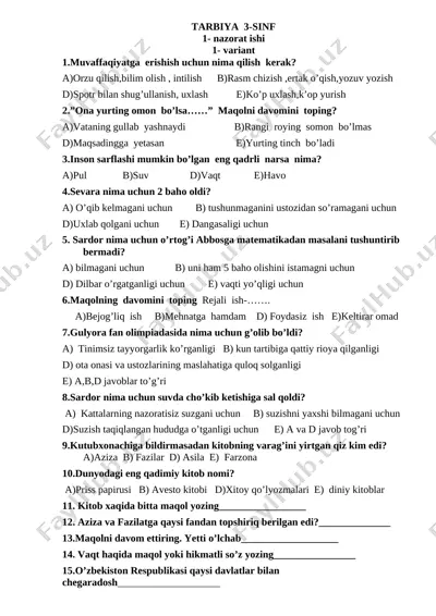 3 -sinf tarbiya 1- nazorat ishi — DOCX