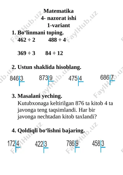 4- nazorat ishi matematika 3 sinf — DOCX