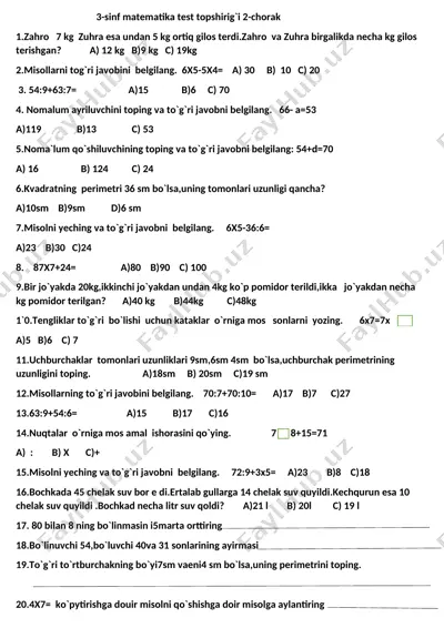 test matematika 2-chorak yangi hafta — DOCX