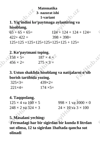 3- nazorat ishi matematika 3 sinf 1111 — DOCX